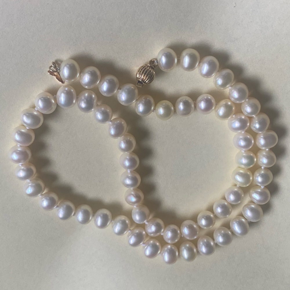 Solid 14KG Corrugated 6.5mm BallClasp Genuine Cultured Pearls Choker Necklace!!
